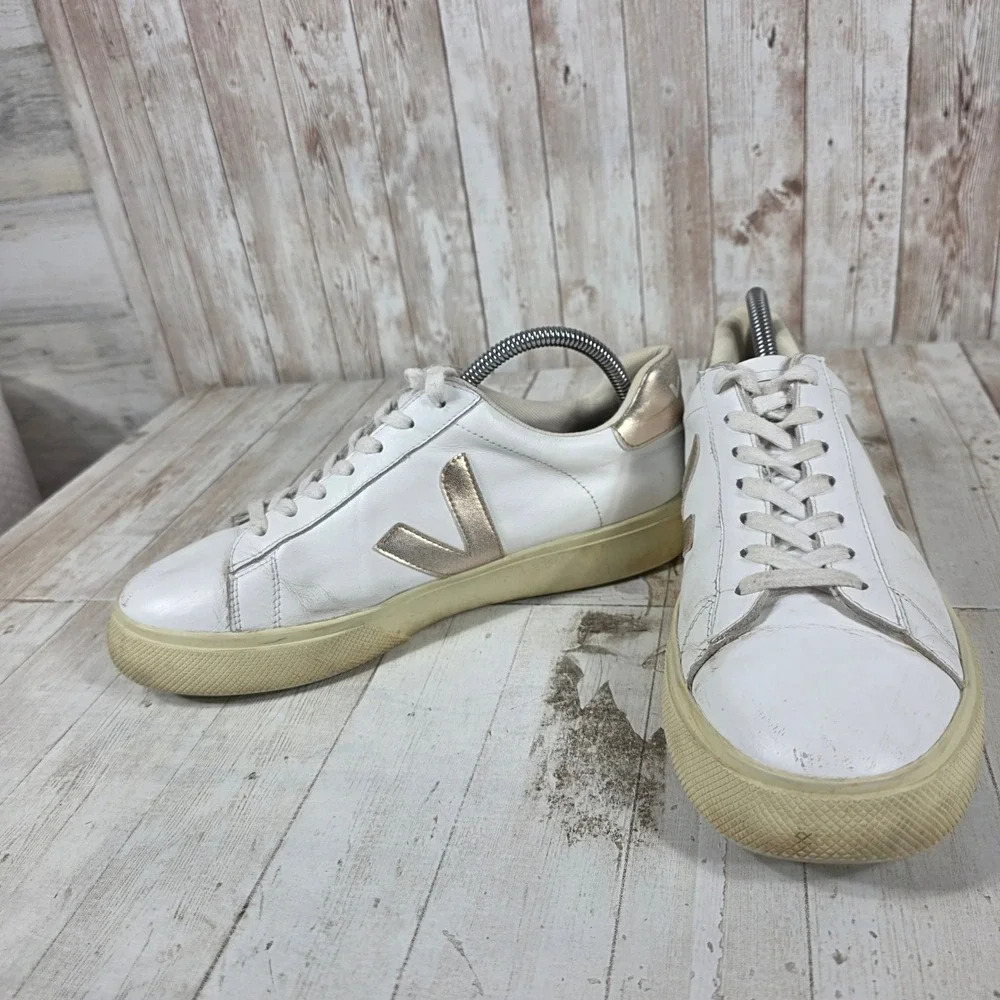 Veja Esplar White Leather Metallic Gold Low Top Sneakers Womens Size 10 EUR 41